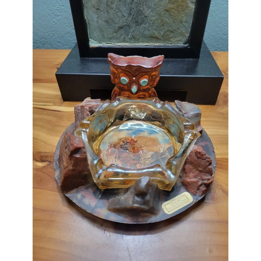 Vtg Owl Lucite & Petrified Wood w/ Amber Color Glass Ashtray Insert On Tray🦉